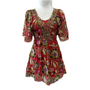 Monsoon Silk Top Blouse Tunic Babydoll Fairy Y2K Sz. 4 Empire Floral Embroidered